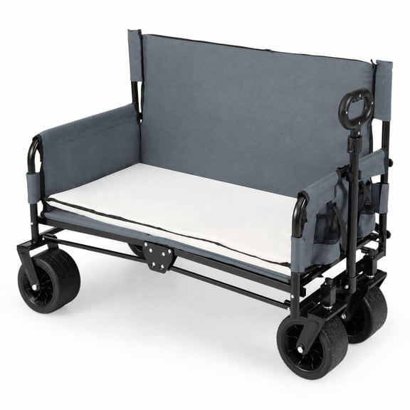 Biotree 2-in-1 Wagon Bench Seat Combo, Collapsible Beach Cart with Cushioned Backrest, Side Pockets and All-Terrain Wheels for Outdoor Trips, Gray