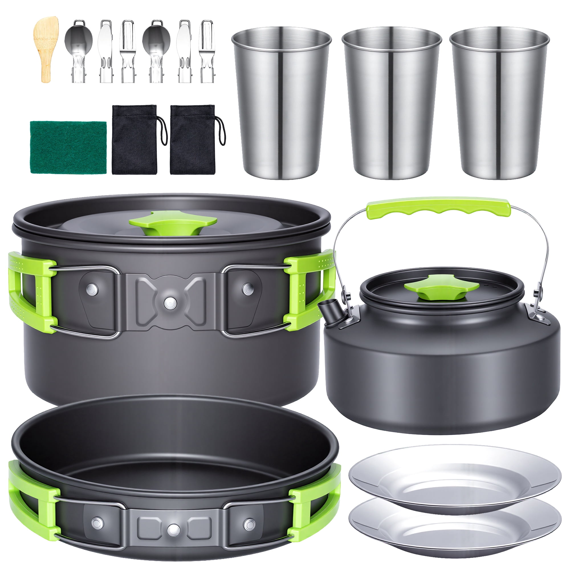 Biotree 20pcs Camping Cookware Mess Kit, Non-Stick Pot Pan Kettle Set with Stainless Steel Cups Plates Cutlery for Outdoor Camping Hiking Picnic