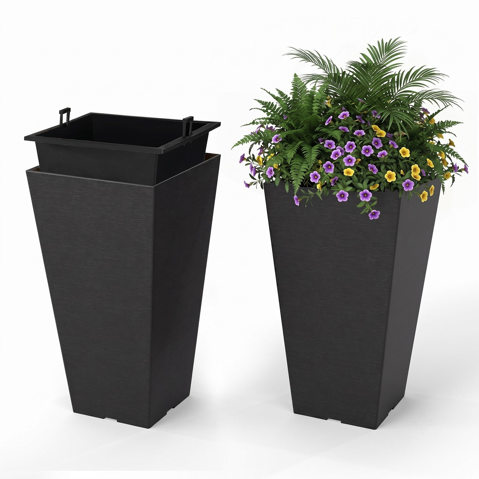 Biotree 22.5 inch Tall Square Self-Watering Planter Set of 2, Large Outdoor Indoor Flower Pots with Removable Inner Bucket and Drainage Holes for Garden Patio, Black