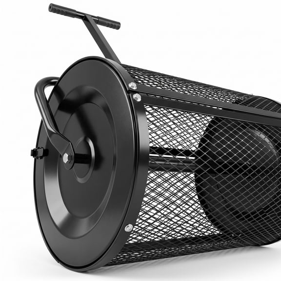 Biotree 24 Inch Compost Spreader Peat Moss Spreader Roller with Height-Adjustable T-Shape Handle, 2.7 Cu.ft Metal Mesh Basket for Lawn Garden Yard Soil Sand, Black