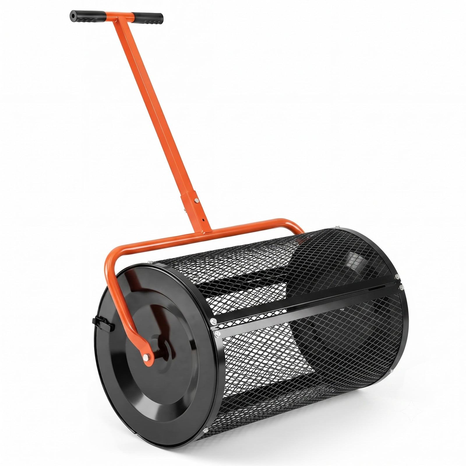 Biotree 24 Inch Compost Spreader Peat Moss Spreader Roller with Height-Adjustable T-Shape Handle, 2.7 Cu.ft Metal Mesh Basket for Lawn Garden Yard Soil Sand, Orange
