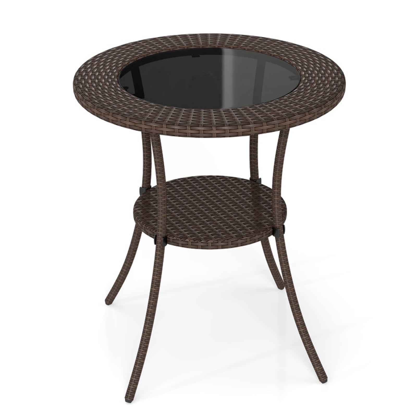 Biotree 25.5 Inch Round PE Wicker Patio Bistro Table Outdoor Bistro Table with Tempered Glass Top and Storage Shelf for Garden Backyard and Balcony, Mixed Brown