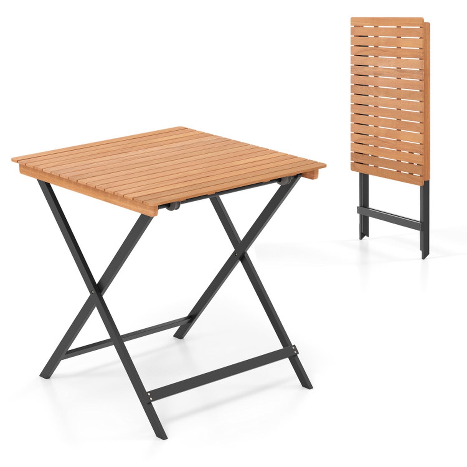 Biotree 28 Inch Folding Square Outdoor Table with Slatted Acacia Wood Top for the Patio Backyard and Porch to Enjoy Meals and Drinks Outside, Black