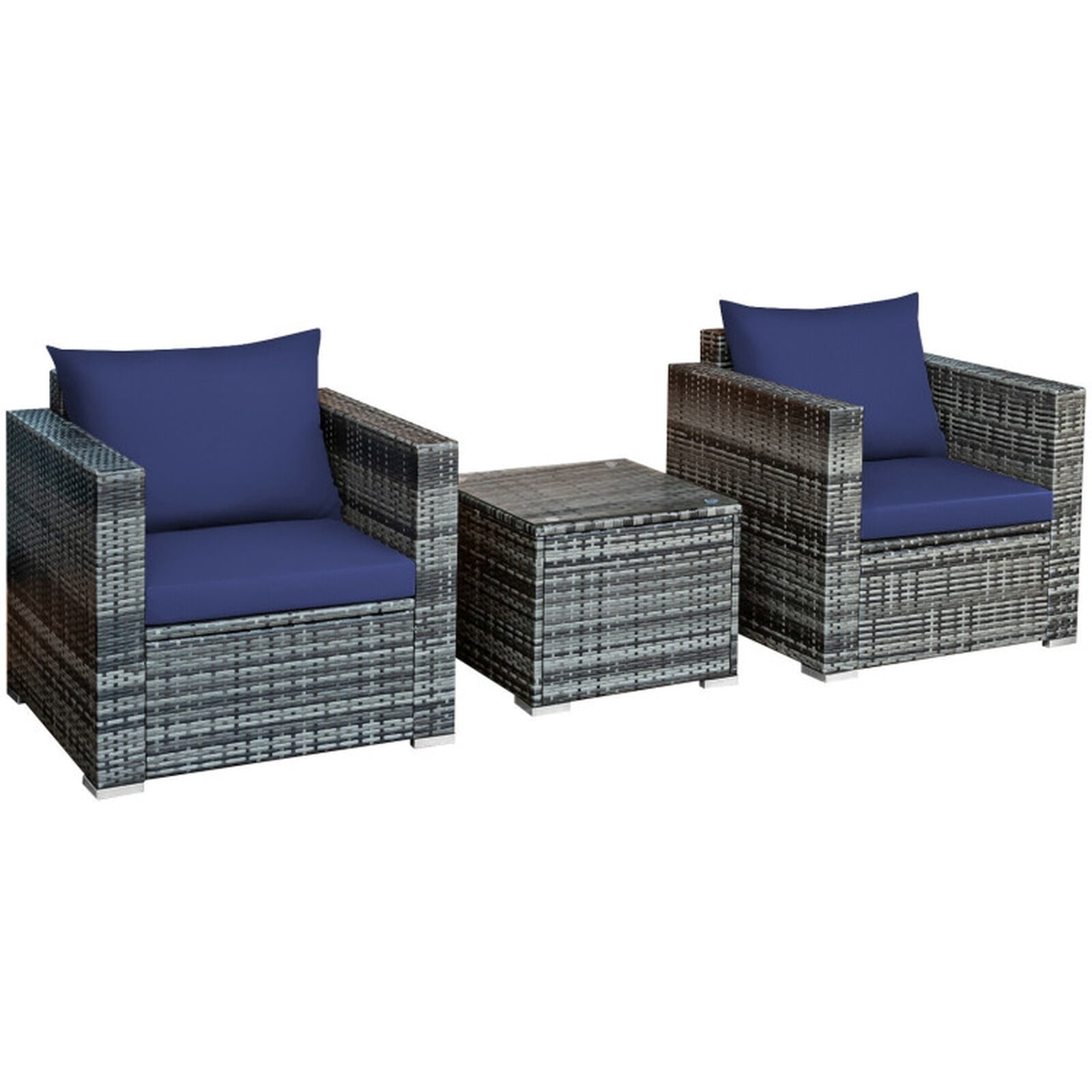 Biotree 3 Piece Patio Rattan Bistro Sofa Set outdoor conversation set with cushions and tempered glass coffee table for balcony garden and porch, Navy