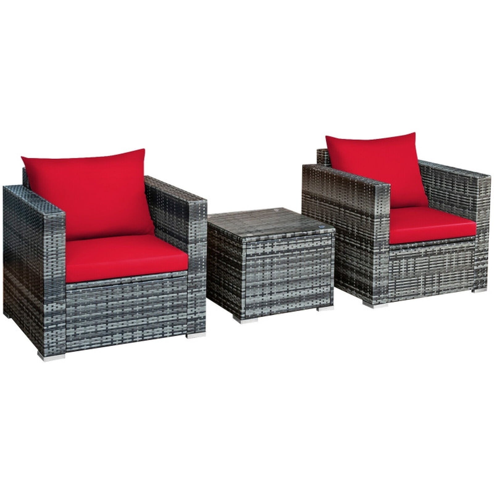 Biotree Patio Furniture Set 3 Pcs Rattan Outdoor Bistro Conversation Set with Cushioned Sofas and Coffee Table for Garden Backyard Porch, Red