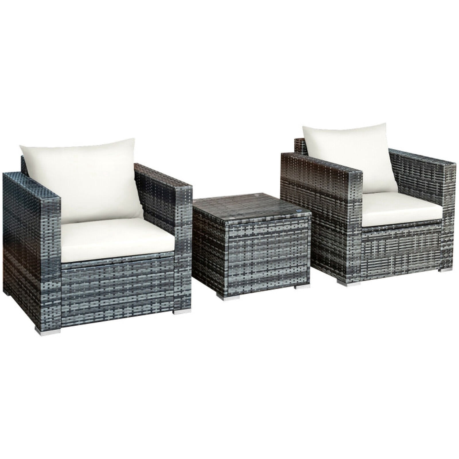Biotree 3 Piece Patio Rattan Bistro Sofa Set outdoor conversation set with cushions and tempered glass coffee table for balcony garden and porch, White