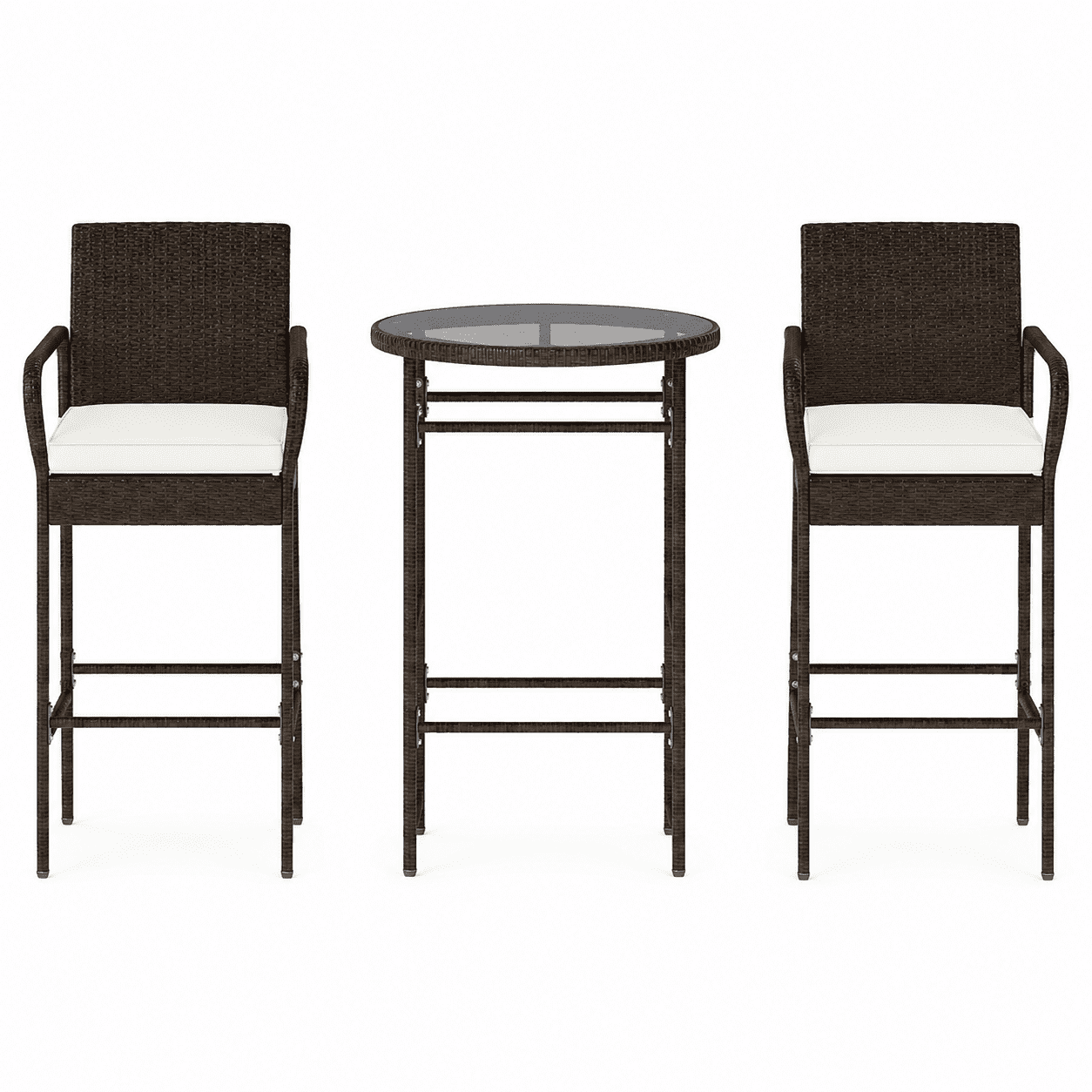 Biotree 3-Piece Outdoor Bar Set, PE Rattan Patio Bistro Set with 2 Cushioned Bar Chairs and 25 Inch Tempered Glass Table, White