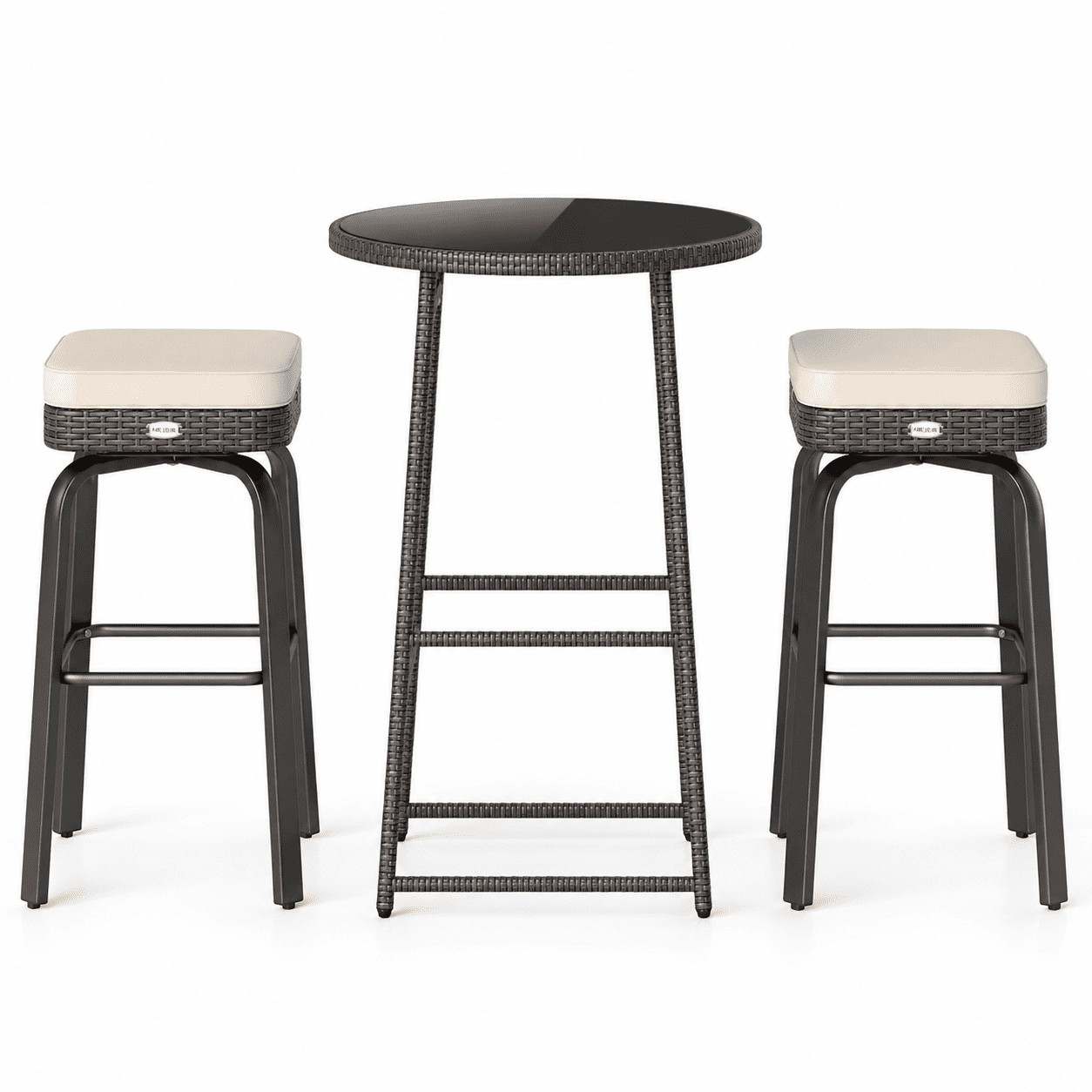Biotree 3-Piece Outdoor Swivel Bar Set, PE Rattan Patio Bistro Set with 2 Cushioned Bar Chairs and 25 Inch Glass Table, White