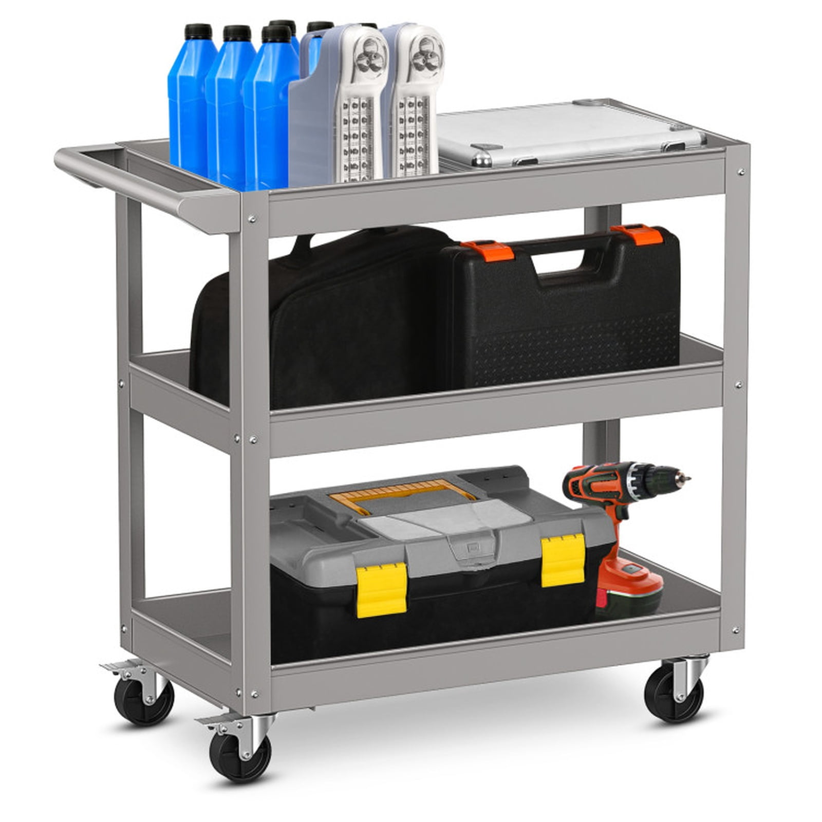 Biotree 3-Tier Metal Utility Cart Tool Trolley Flat Handle 2 Lockable Wheels 400 lbs - Gray