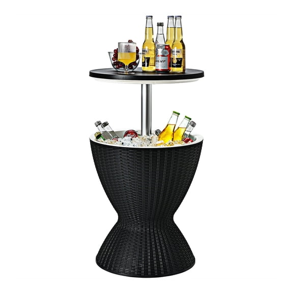 Biotree 3 in 1 8 Gallon Patio Rattan Cooler Bar Table with Adjust Ice Bucket-Black Outdoor Party Entertainment