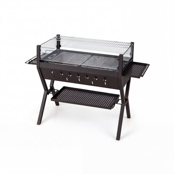 Biotree 3-in-1 Charcoal Grill with 4-Sided Wind Guard, 280 sq.in Stainless Steel Grate & Side Seasoning Racks, Portable Camp Fire Pit BBQ, Brown