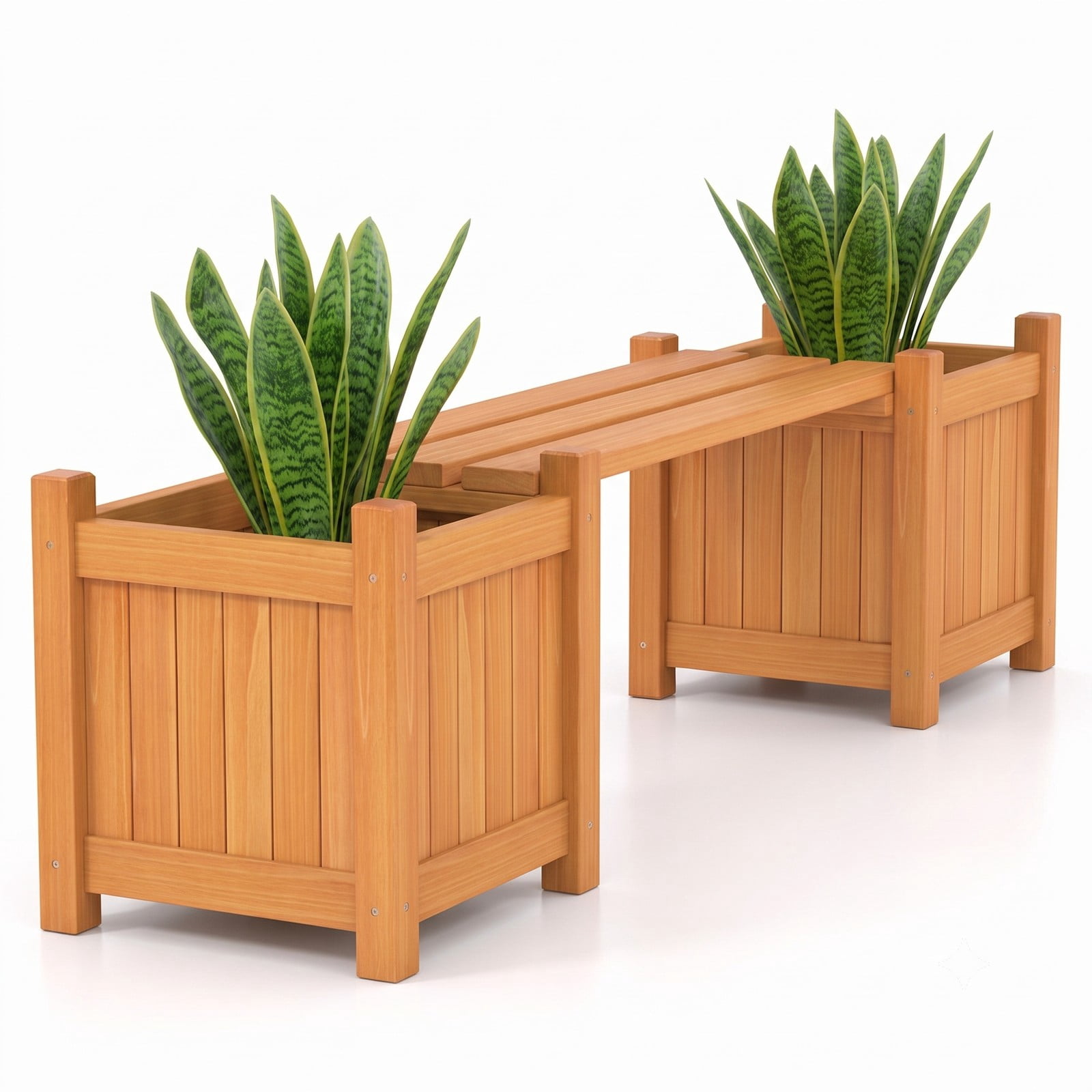 Biotree 3-in-1 Outdoor Planter Box with Bench, 2-Person Fir Wood Garden Bench with 2 Raised Planter Beds for Patio Yard Balcony, Natural Orange