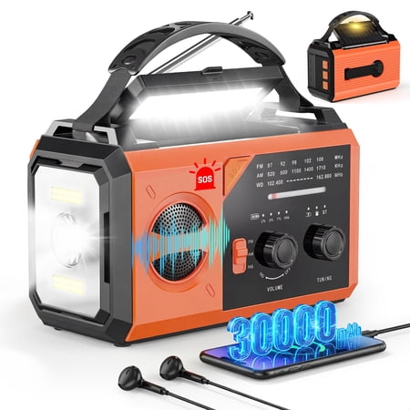 Biotree 30000mAh Weather Radio with NOAA 7-Band Alerts, Upgraded Emergency Radio with USB/Solar/Hand Crank Charging, Flashlight, SOS Alarm, Compass for Camping Hurricane Preparedness,Orange