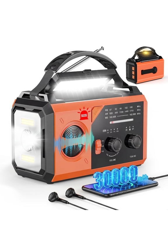 30000mAh Weather Radio with NOAA 7-Band Alerts, Upgraded Emergency Radio with USB/Solar/Hand Crank Charging, Flashlight, SOS Alarm, Compass for Camping Hurricane Preparedness,Orange