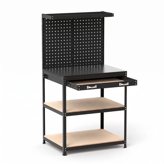 Biotree 32" 16" Workbench Work Table with 2 Pegboards, Drawer and Shelves for Garage Workshop, Black