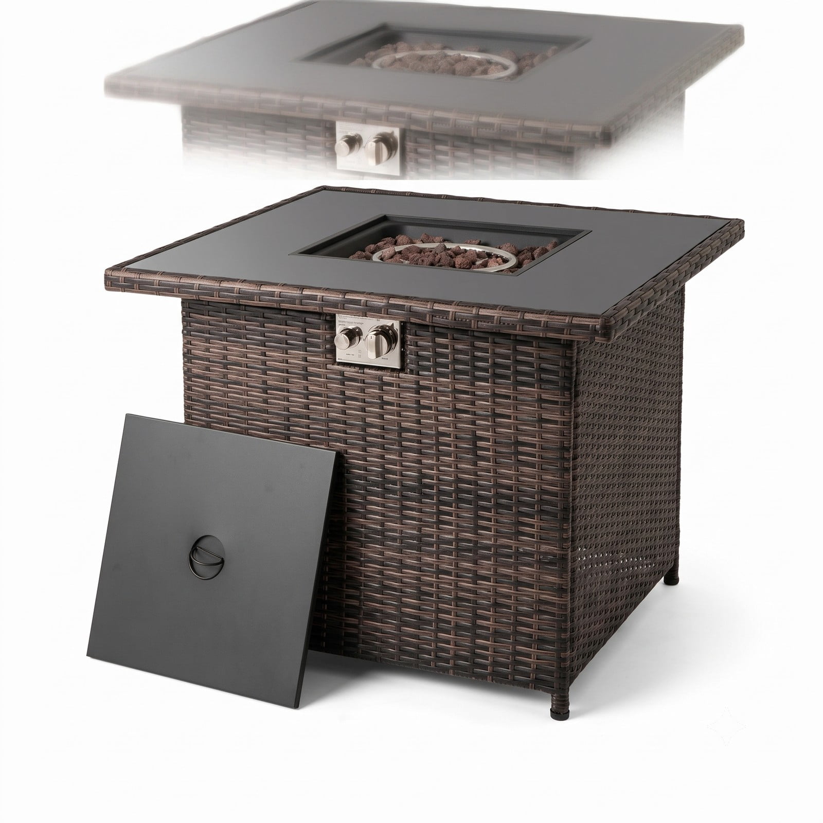 Biotree 32.5 Inch Propane Fire Pit Table, 50,000 BTU Outdoor Gas Fire Pit with Tempered Glass Tabletop, Lava Rocks and PE Rattan Base for Patio Backyard Deck, Brown