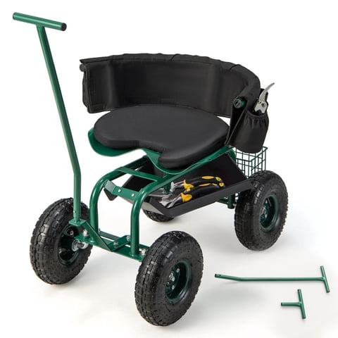 Biotree 330lbs Rolling Garden Cart with 360° Height Adjustable Swivel Seat, Garden Scooter with Storage Basket, Tool Tray for Weeding Planting Gardening Green