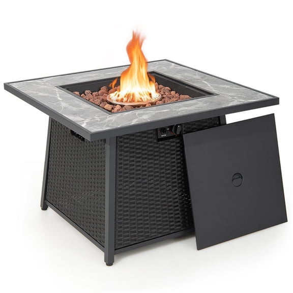 Biotree 35 Inch Propane Gas Fire Pit Table Wicker Rattan with Lava Rocks PVC Cover for Outdoor Patio Backyard Garden Camping, Black