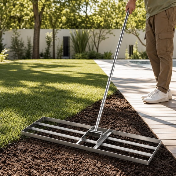 Biotree 36 x 10 Inch Lawn Leveling Rake with Ergonomic Handle for Outdoor Lawn Garden Yard Soil Leveling Landscaping Rake, Silver