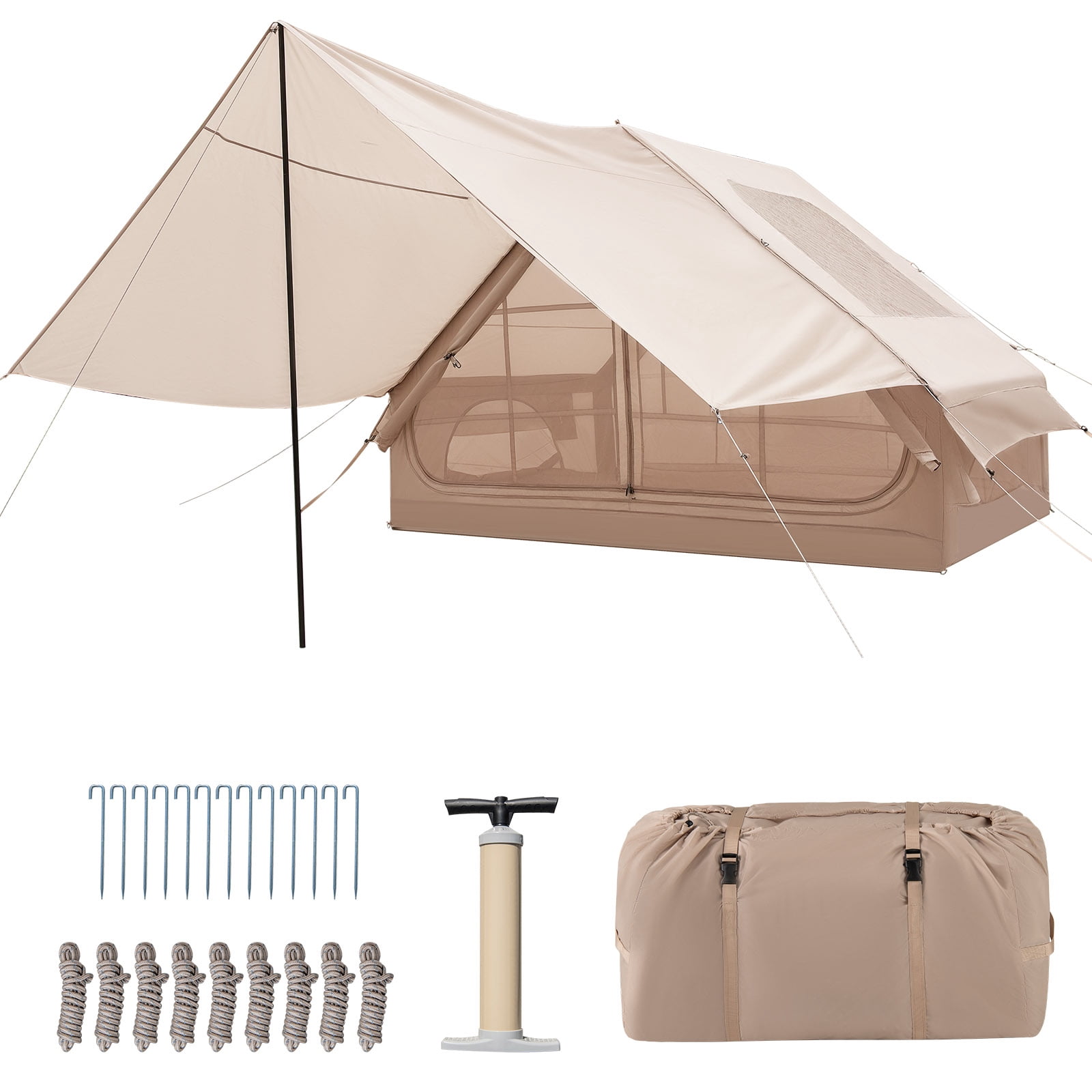 Biotree 4-6 Person Inflatable Camping Tent with Front Porch and Carrying Bag for Family Outdoor Adventures, Beige