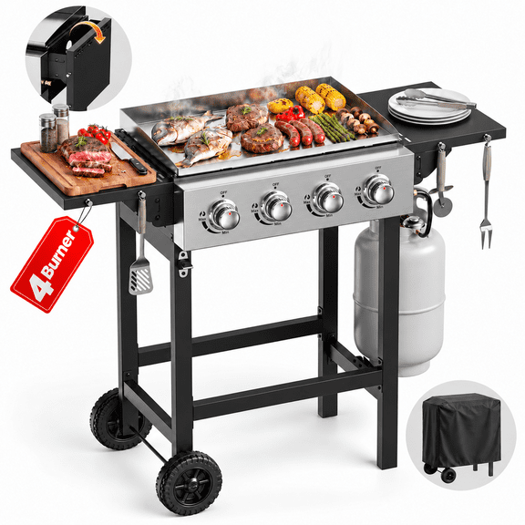 Biotree 4-Burner Propane Gas Griddle with Stainless Steel Pan,42,000 BTU Flat Top BBQ Grill with Two Foldable Shelves and Griddle Cover for Outdoor Camping Patio