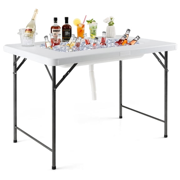 Biotree 4 Feet Folding Ice Bin Table with Skirt for Camping Picnic Wedding Portable Ice Cooler Party Table, White