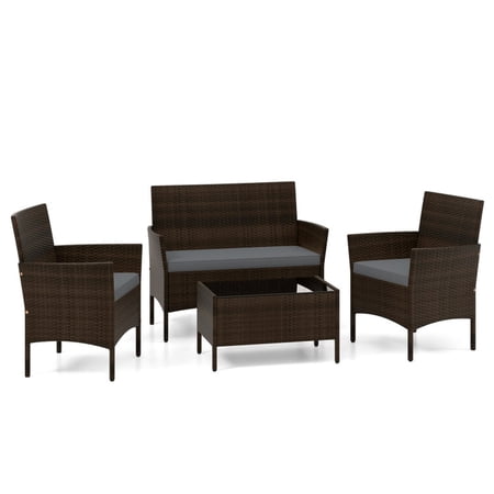 Biotree Patio Furniture Set 4 Piece Rattan Conversation Set with Loveseat Two Chairs and Glass Coffee Table for Garden Backyard Porch, Gray