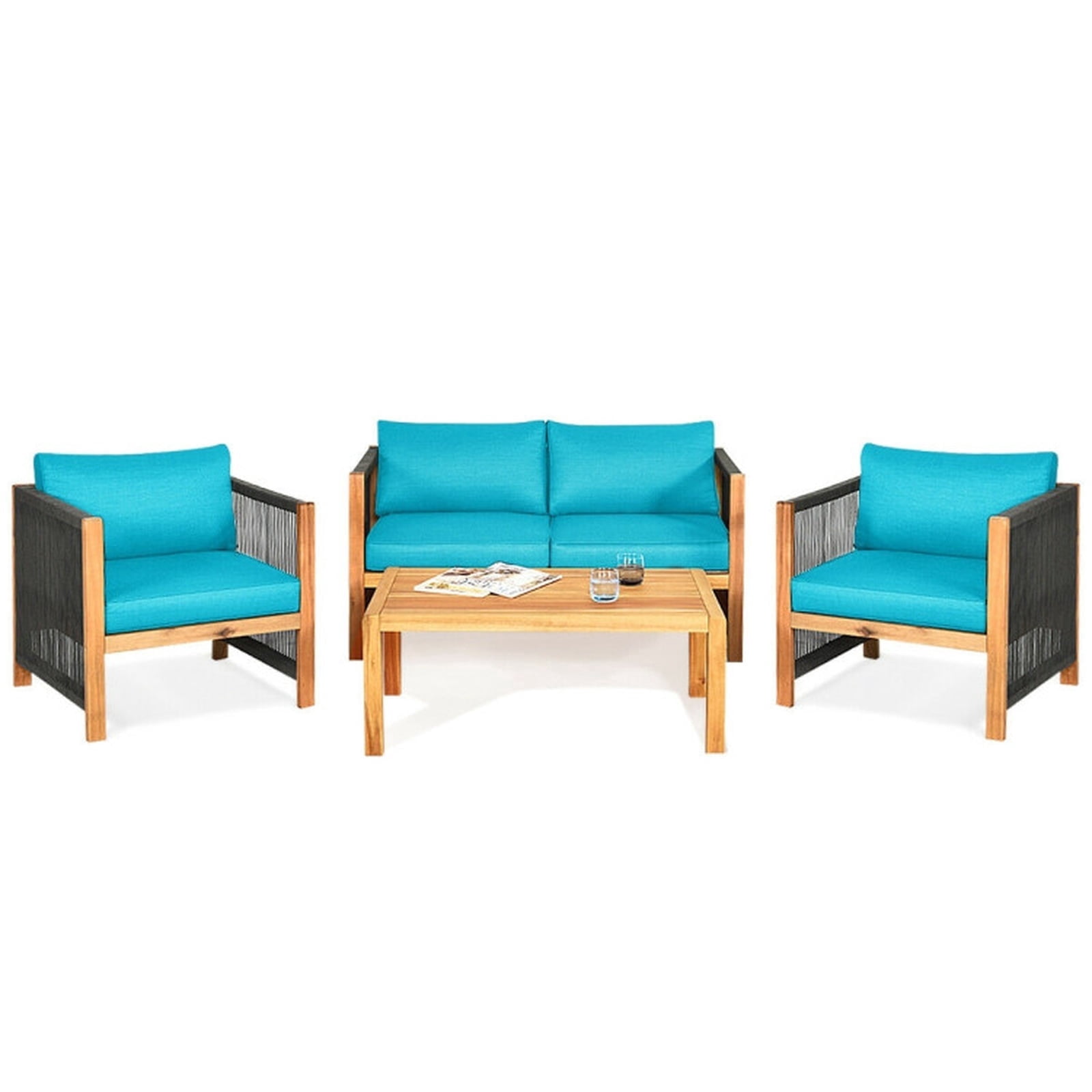 Biotree 4 Piece Acacia Wood Patio Furniture Set outdoor conversation set with cushions and coffee table for garden backyard and porch, Turquoise