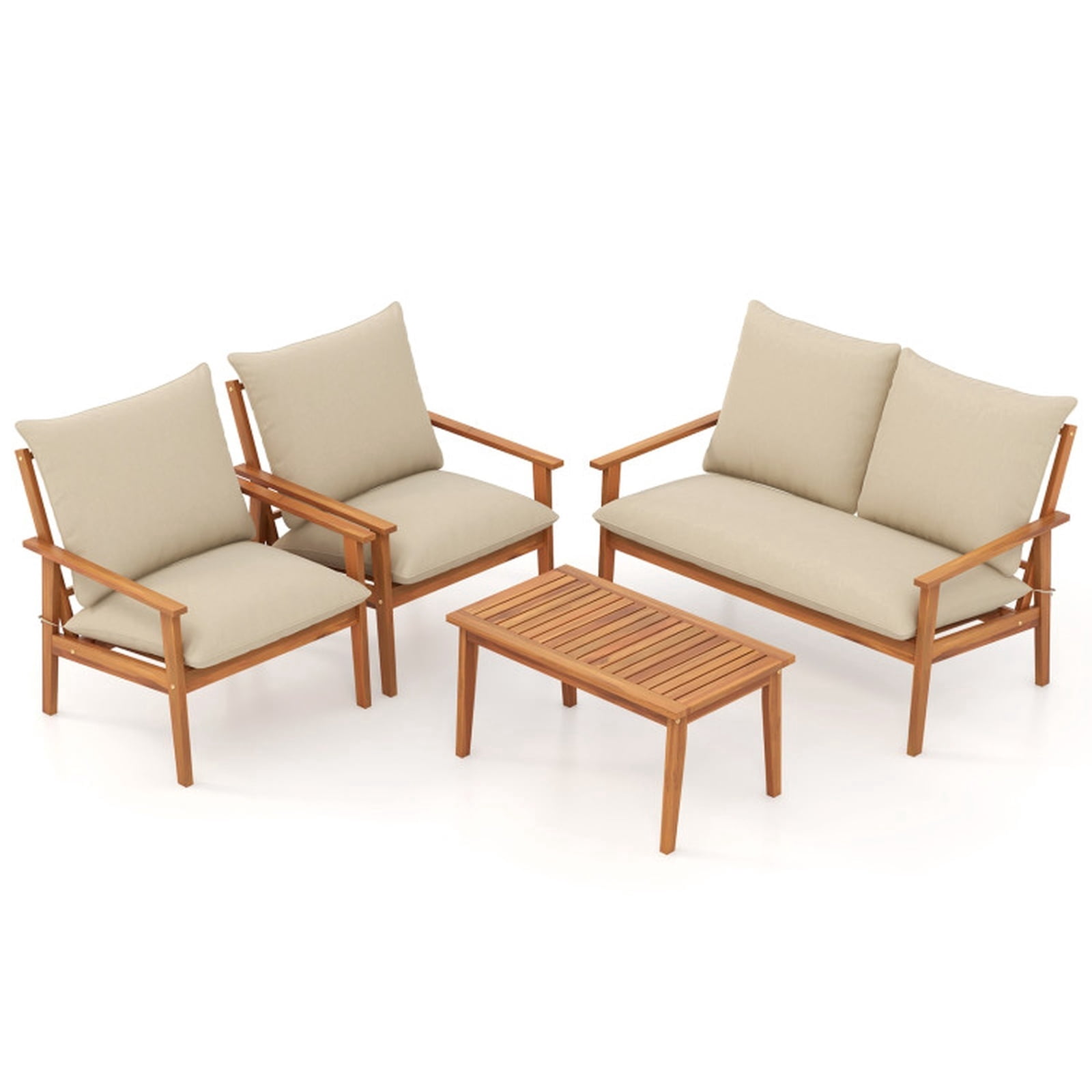Biotree 4 Piece Outdoor Acacia Wood Conversation Set patio furniture set with soft cushions and coffee table for garden backyard and porch, White