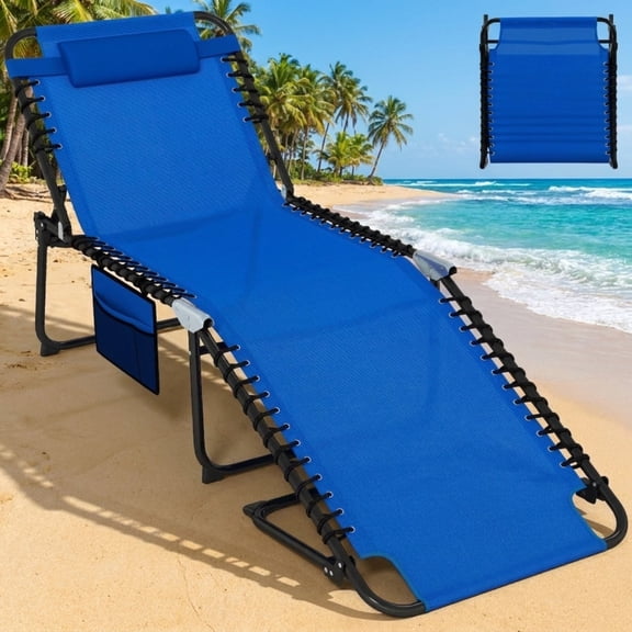 Biotree 4 Position Folding Lounge Chaise with Adjustable Backrest and Footrest Stackable Patio Chair for Garden Backyard, Navy