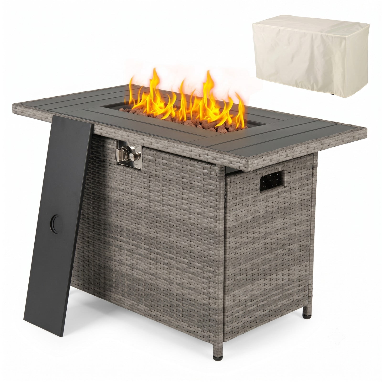 Biotree 44.5 Inch Propane Fire Pit Table, 50, 000 BTU Outdoor Gas Fire Pit with PE Rattan Frame, Stainless Steel Burner and Lava Rocks, 2-in-1 Patio Coffee Table, Gray