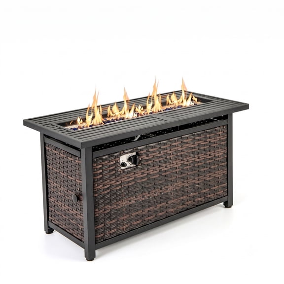 Biotree 45 Inch Propane Fire Pit Table, 50,000 BTU Outdoor Rattan Gas Firepit with Glass Stones, Removable Lid and Protective Cover for Patio Garden Deck, Mixed Brown