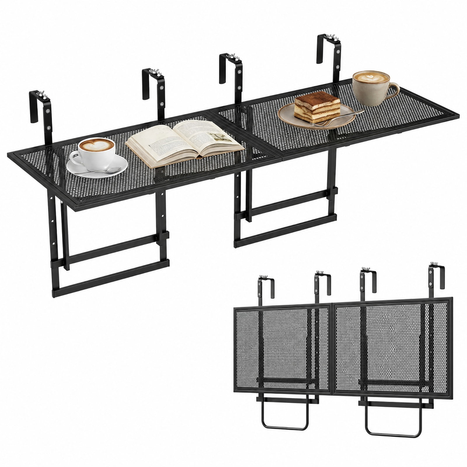 Biotree 48" Balcony Railing Table Set of 2 with 5-Level Adjustable Height for Patio Deck, Black