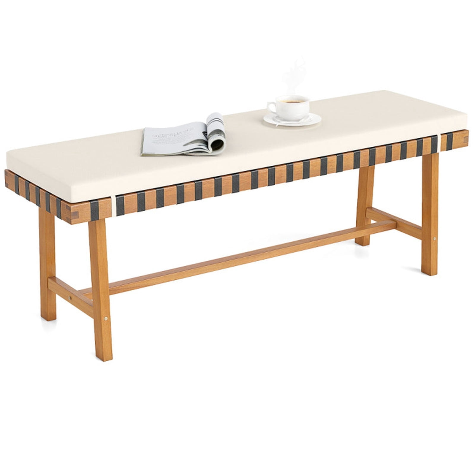 Biotree 48 Inch Acacia Wood Outdoor Bench with Thick Padded Seat Cushion and Rope Detail for Patio Garden and Backyard Dining, Natural and Off White