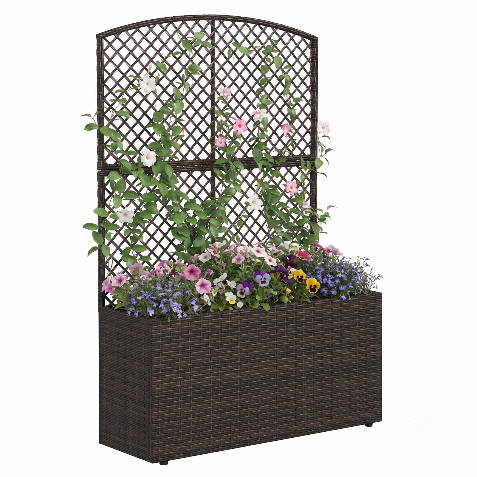Biotree 49 Inch Raised Garden Bed with Trellis, PE Rattan Wicker Planter Box, Metal Frame Outdoor Elevated Vertical Garden Planter for Vegetables Flowers, Brown