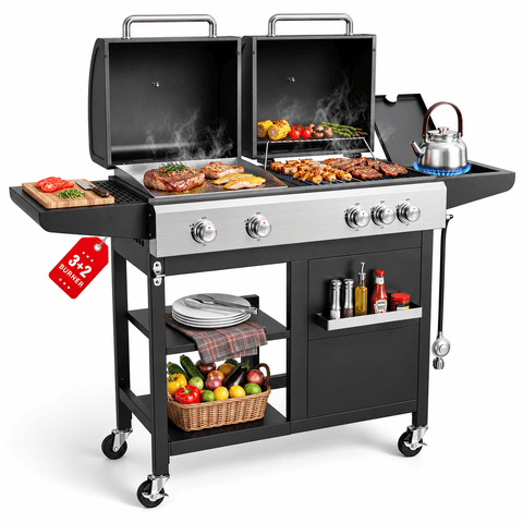 Biotree 5-Burner Propane Gas Grill and Griddle Combo, 54,000 BTU Dual Fuel BBQ Grill with Side Burner for Backyard, Patio Outdoor Cooking & Entertaining