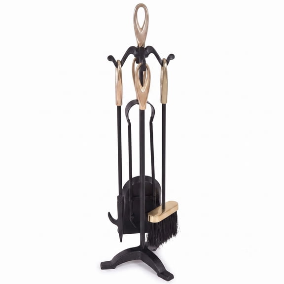 Biotree 5-Piece Gold Iron Fireplace Tools Set with Stand, Modern Loop Top Fire Poker Shovel Brush Tongs and Holder for Indoor Hearth and Wood Stove, Gold and Black
