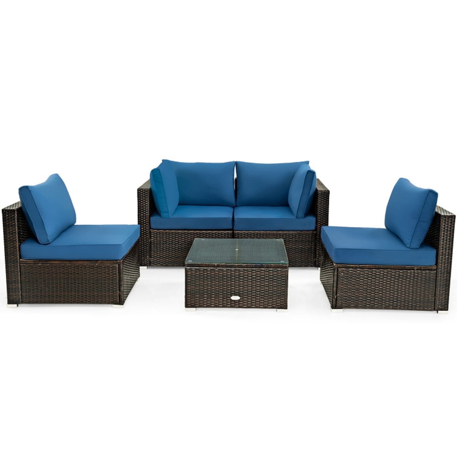 Biotree Patio Furniture Set 5 Piece Cushioned Rattan outdoor sectional with glass table outdoor conversation set for garden backyard porch, Navy