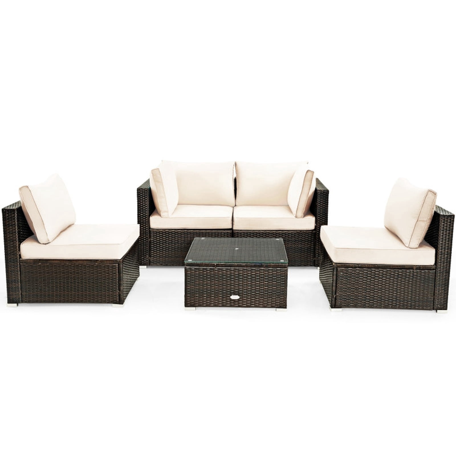 Biotree Patio Furniture Set 5 Pieces Cushioned Rattan Outdoor Sectional Conversation Set with Glass Coffee Table for Garden Backyard Porch, White