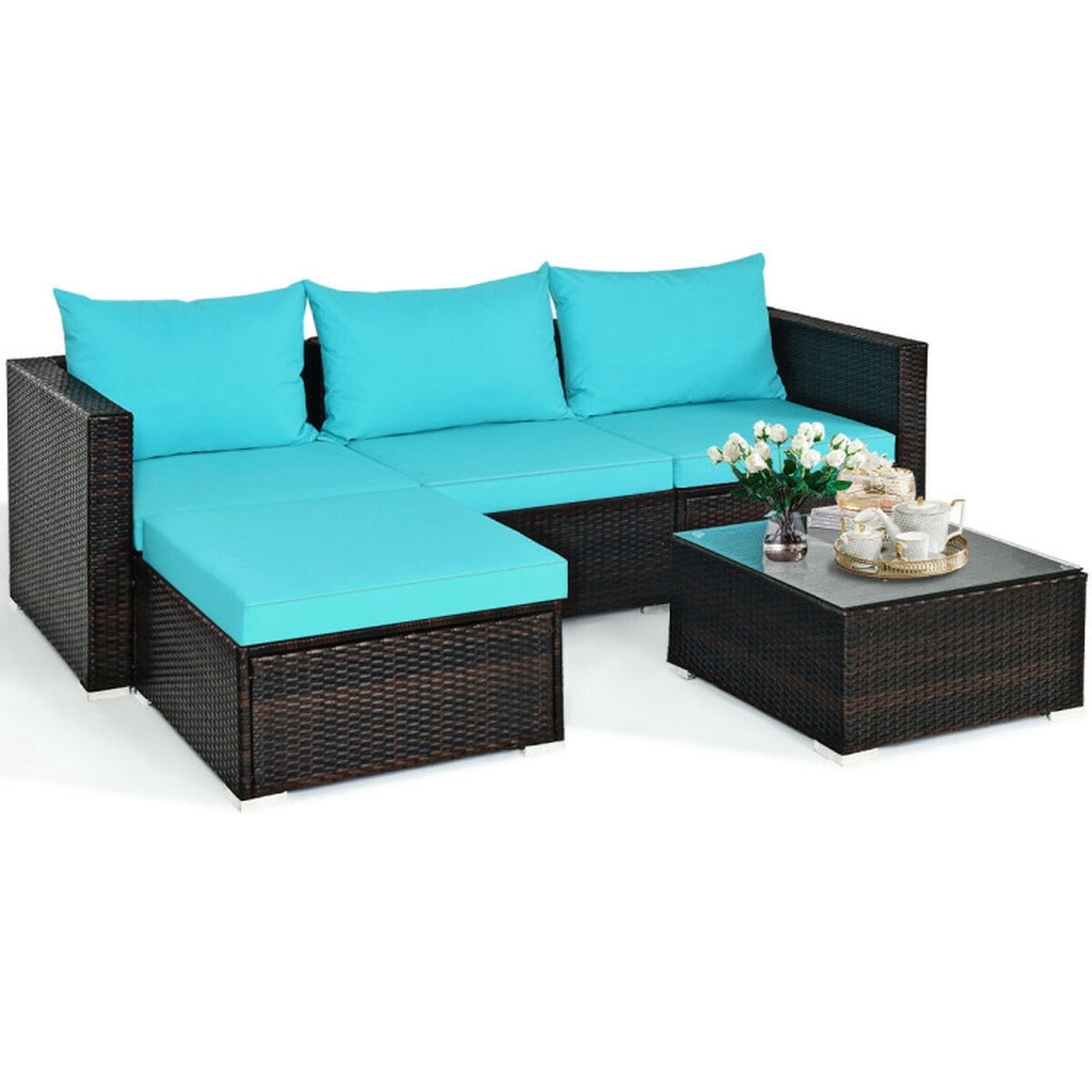Biotree Patio Furniture Set 5 Pieces Rattan Outdoor Sectional Conversation Set with Ottoman and Coffee Table for Garden Backyard Porch, Turquoise