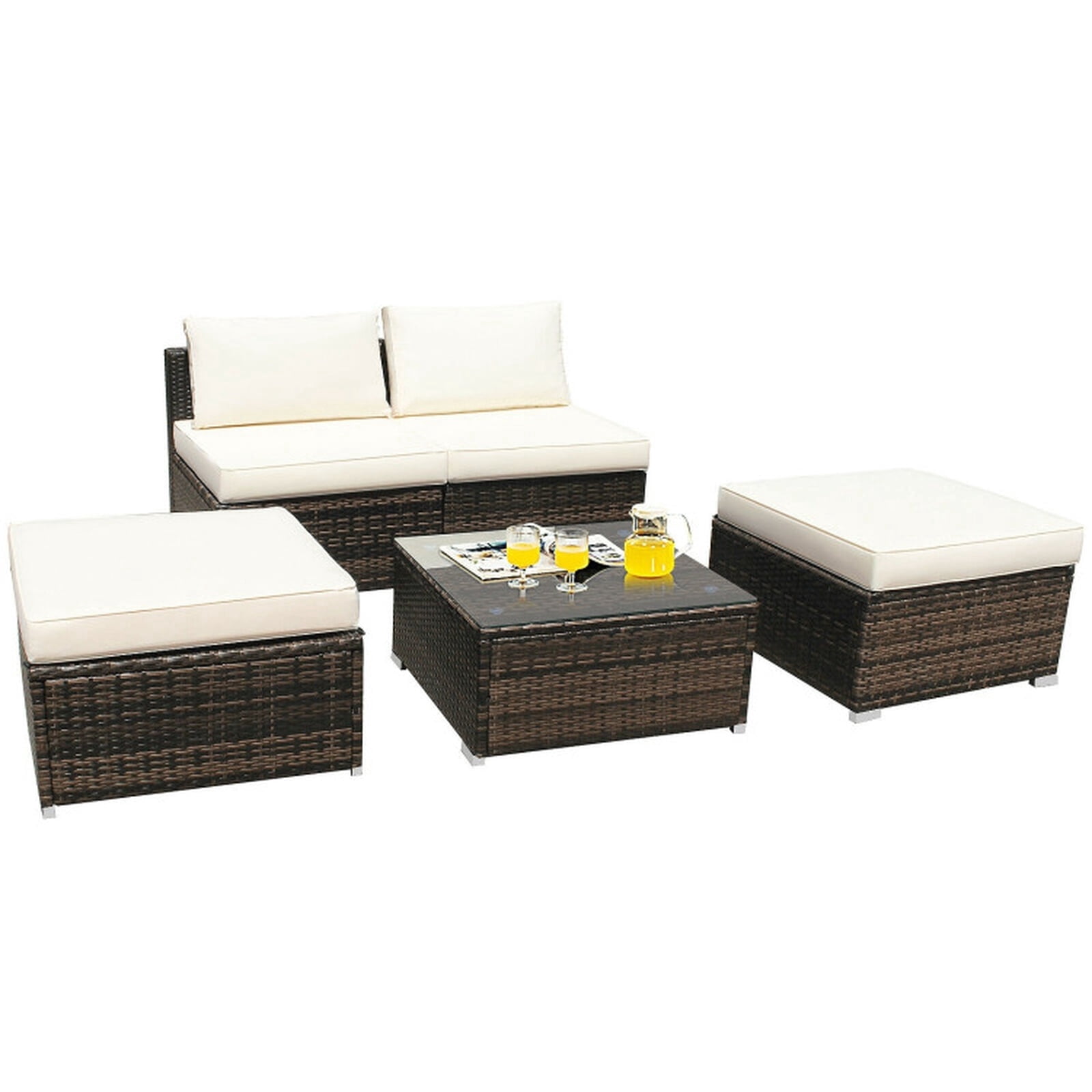 Biotree Patio Furniture Set 5 Piece Rattan outdoor sectional with cushioned armless sofa ottoman and coffee table outdoor conversation set for garden backyard porch, White
