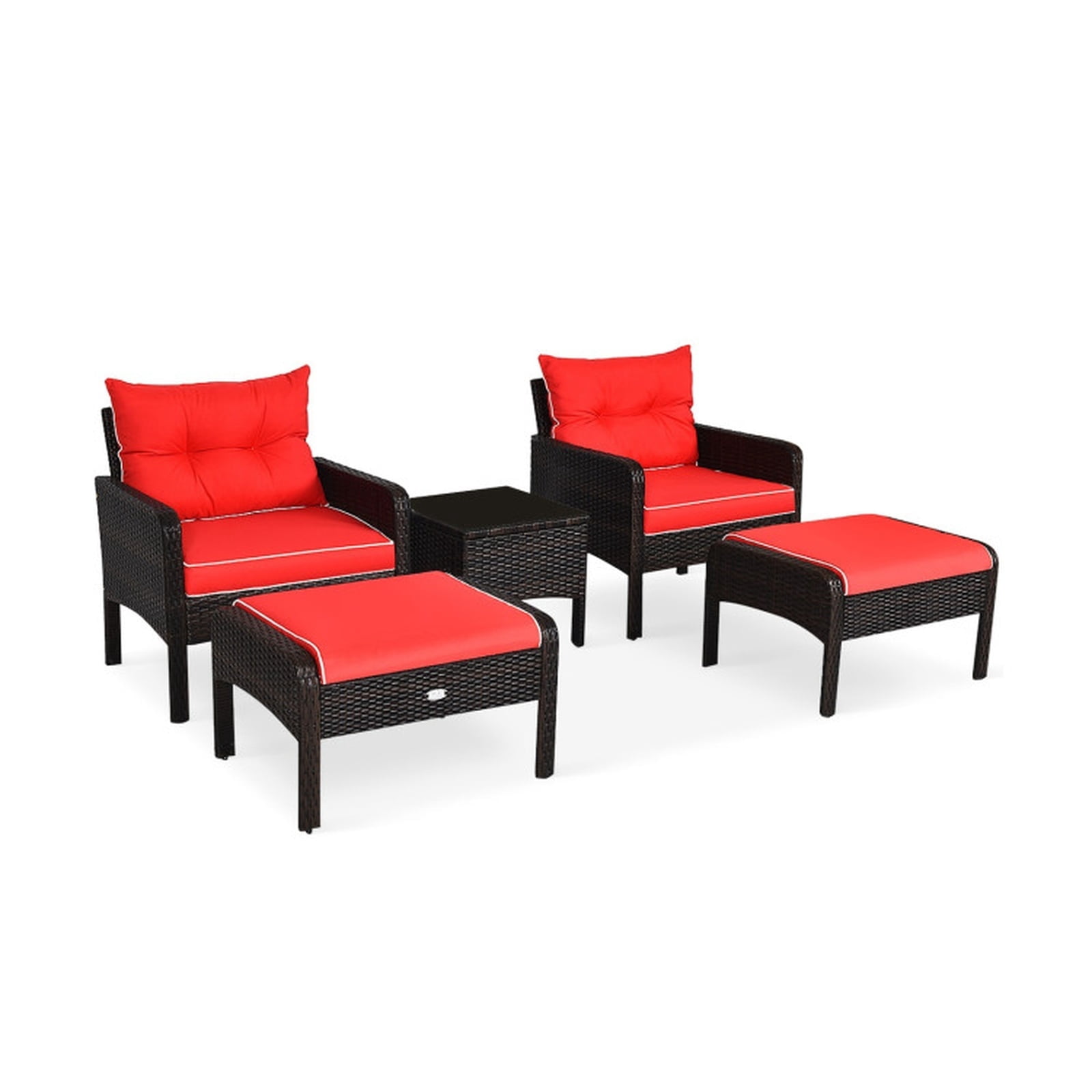 Biotree 5 Piece Patio Rattan Sofa Ottoman Set outdoor conversation set with cushions and glass side table for garden backyard and porch, Red