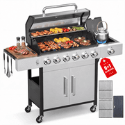 Biotree 6 Burner Propane Gas Grill with Side Burner & Griddle,73000 BTU Stainless Steel BBQ Grill Combo with Two Porcelain-Enameled Cast Iron Grates for Backyar