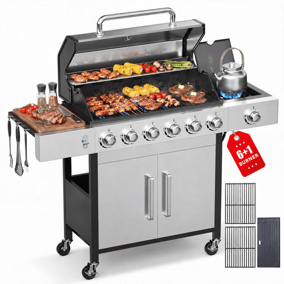 Biotree 6 Burner Propane Gas Grill with Side Burner & Griddle,73000 BTU Stainless Steel BBQ Grill Combo with Two Porcelain-Enameled Cast Iron Grates for Backyard Patio Outdoor Cooking