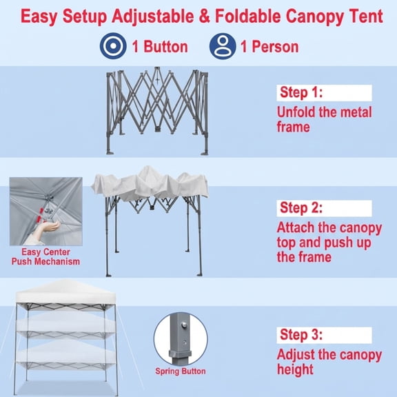 Biotree 6.6 x 6.6 Feet Outdoor Pop-up Canopy Tent with UPF 50+ Sun Protection and Carry Bag, Instant Sun Shelter for Beach Camping Park Backyard, White