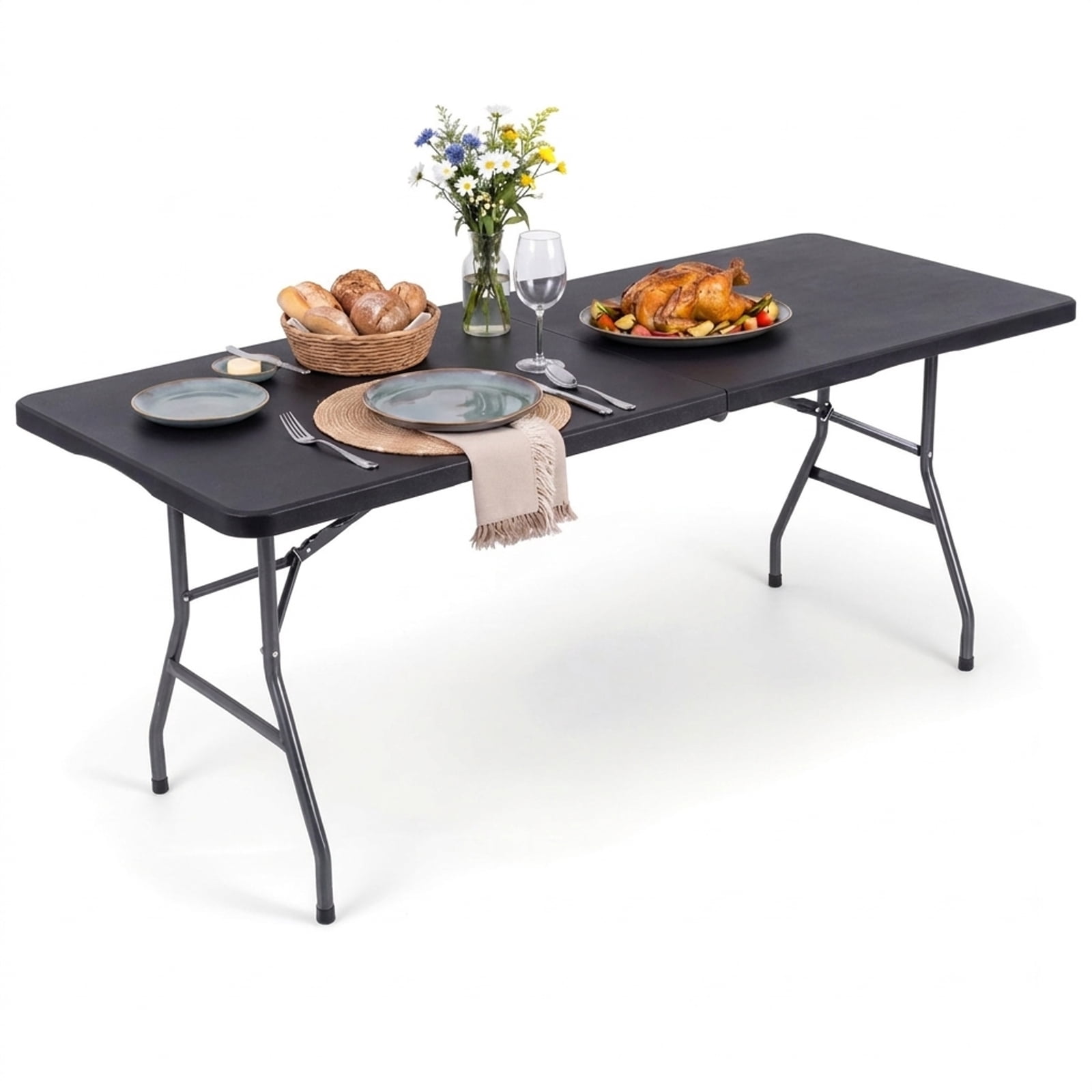 Biotree 6 FT Fold-in-Half Folding Table, Portable HDPE Camping Dining Table with Handle, Locking Legs and 220 lbs Capacity for Party, Black