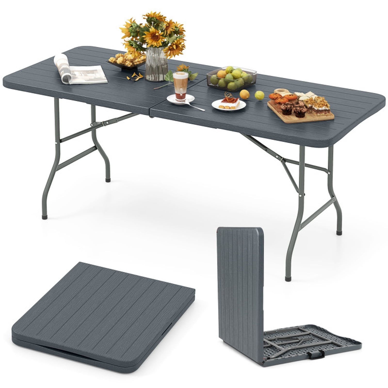 Biotree Folding Table 6 Feet Portable Folding Table with Wood Grain HDPE Tabletop and Safe Lock Mechanism for Outdoor Camping Party, Gray