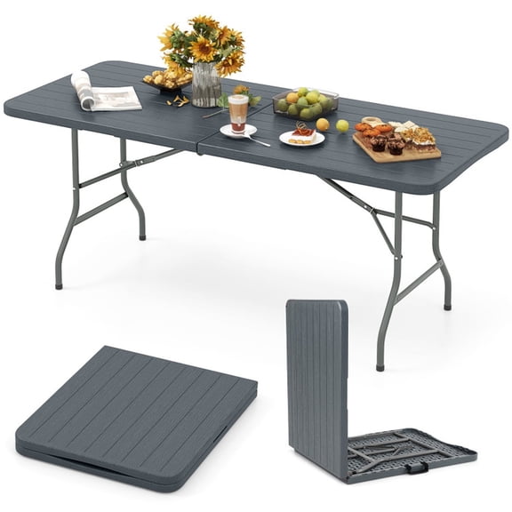 Biotree Folding Table 6 Feet Portable Folding Table with Wood Grain HDPE Tabletop and Safe Lock Mechanism for Outdoor Camping Party, Gray