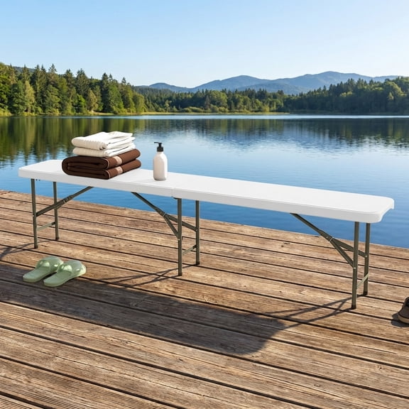 Biotree 6 Feet Plastic Folding Bench Portable Seat with Handle and Lock, White