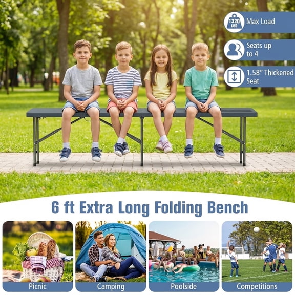 Biotree 6 Feet Plastic Folding Bench Portable Seat with Handle and Lock for Camping Picnic Party Events, Gray